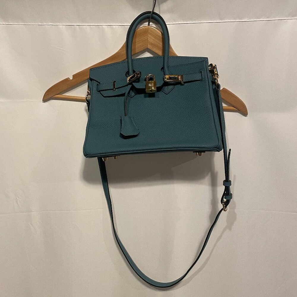 Small Lady Like Style Dark Teal Handbag with Detachable Strap, Lock, Key